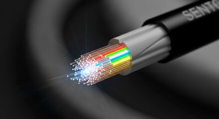 Fiber optic cable glowing with rainbow light data transmission technology closeup