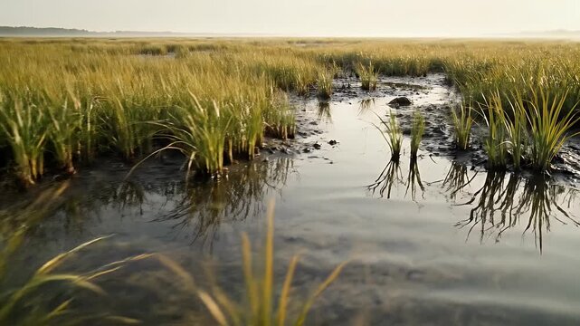 Golden marsh grass sways gently in the morning light reflecting on the water