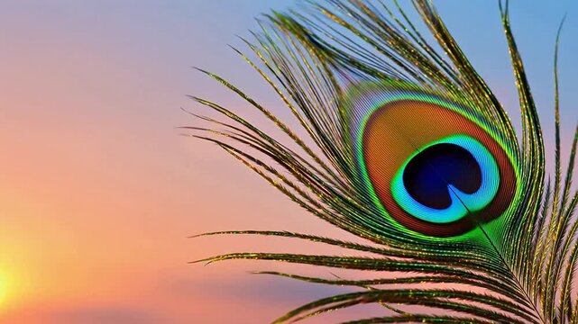 Peacock feather against sunset sky