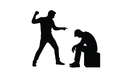 A man gestures angrily at another seated figure a dark silhouette