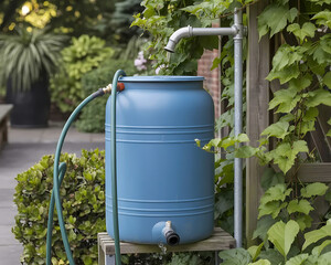 large barrel under the roof that collects rainwater