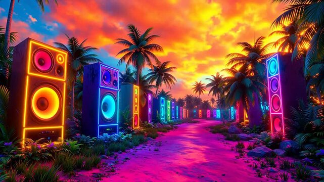 Neon speakers in tropical sunset