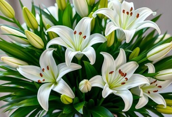 Obraz premium Elegant bouquet of pristine white lilies, lush greenery, studio, sympathy flowers