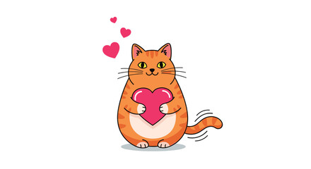 Fototapeta premium Cute ginger tabby cat sitting and lovingly holding a big pink heart while wagging its tail against a white background.