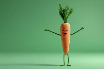 Happy Carrot Character Stands on Green Background for Healthy Eating Advertisement. Modern Isolated Style.