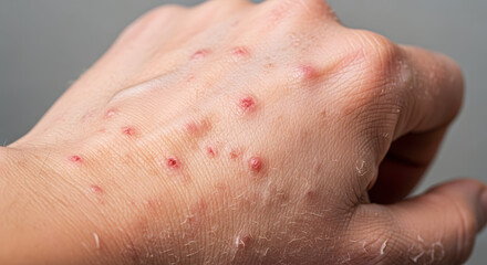 Naklejka premium Close up of human hand with red spots and dry flaky skin rash