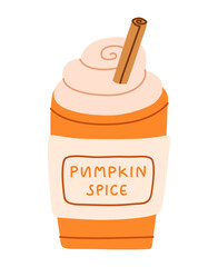 Pumpkin spice to go cup for autumn season. Cozy fall drink illustration for cafe branding, packaging, and lifestyle designs. Hand drawn vector illustration.