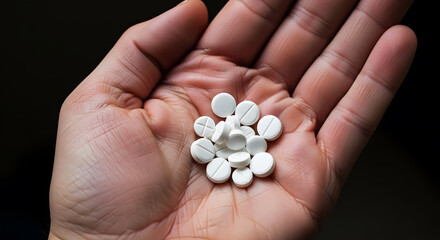 Hand holding pile of small white round pills with scored lines image