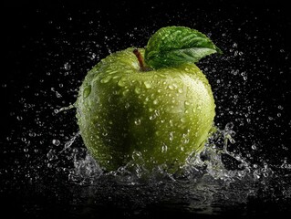 green apple with water splash isolated on a black background
