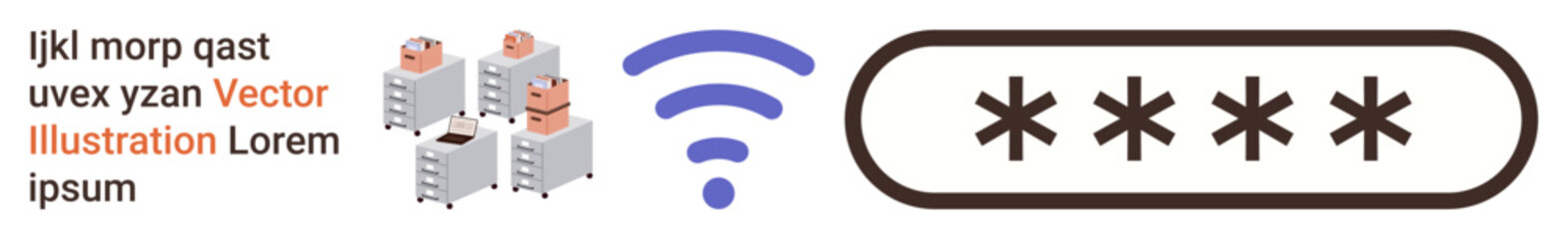 Obraz premium Cybersecurity, password protection, data encryption, digital security, wireless communication, secure login. wireless icon, password field with asterisks and servers. Cybersecurity and password