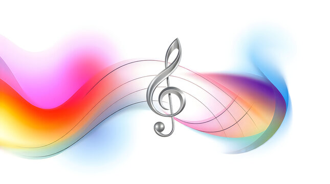 A vibrant musical note swirling in a colorful, dreamy background