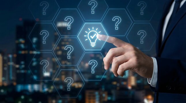 Business professional's hand is touching a bright glowing lightbulb icon surrounded by many question marks in a digital interface.