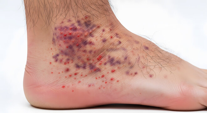 Human ankle with red spots and purple bruising on skin rash bruise