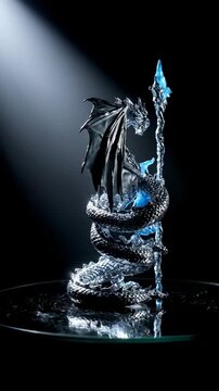 Mystical Dragon Sculpture with Blue Crystal Accents.
