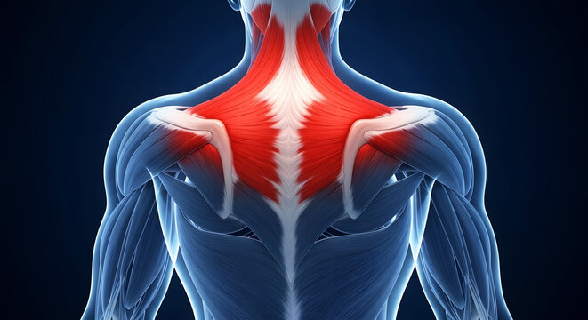 Human Trapezius Muscles Highlighted Red Against Blue Anatomical Body anatomy shoulder