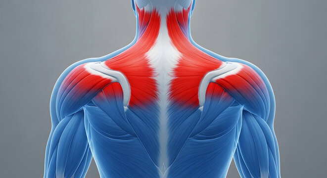 Human upper back and shoulder musculature with red highlighted trapezius muscles anatomy