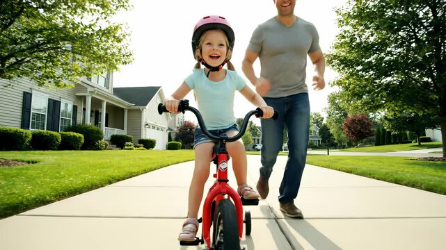 Joyful little girl learning to ride a red tricycle on a suburban sidewalk while her father runs alongside for support.