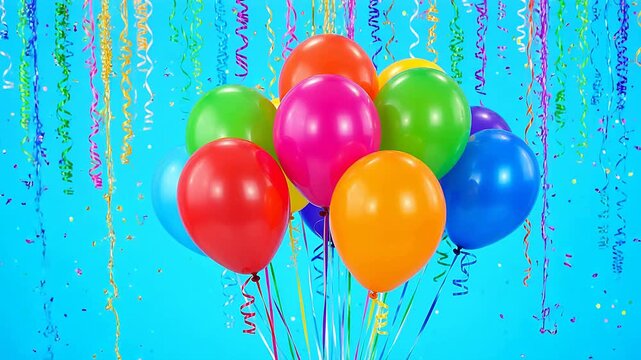 Colorful balloons and streamers on blue background