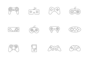 Minimal gaming controller and video game device icon set featuring gamepads joystick console handheld and wireless play symbols in clean outline vector style. © Agastya 897