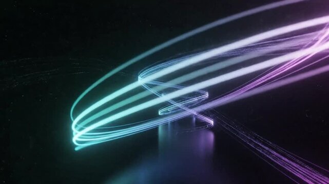 Futuristic neon light trails in motion, glowing cyan and purple fiber optic lines, abstract high speed data transfer background for technology concepts