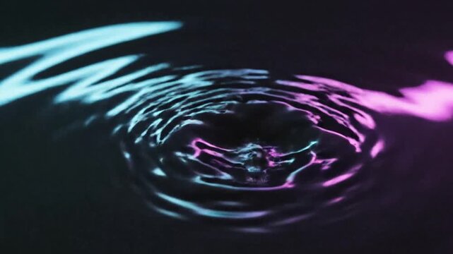 Neon water ripples with pink and blue light reflections, cinematic liquid surface motion, abstract dark fluid background for music videos