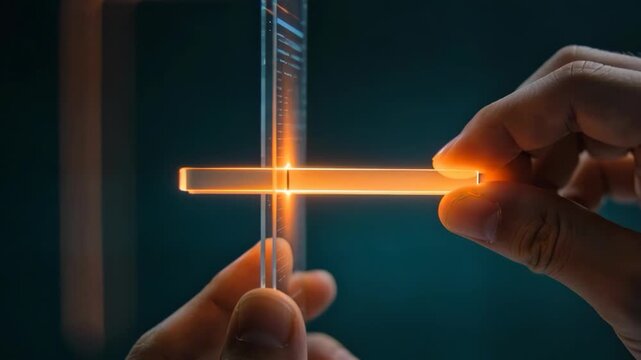 Glowing glass rod intersecting with transparent panel and warm light bar beside clear ruler