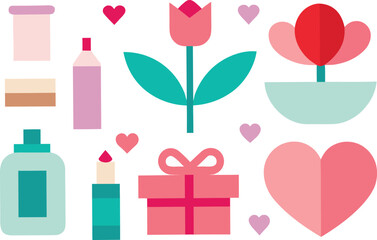 Fototapeta premium Valentine's day gift set with flowers isolated on transparent background, Vector, illustration