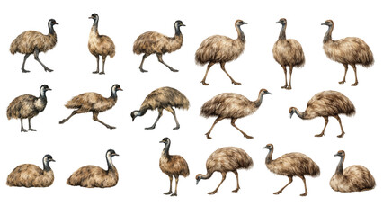 Obraz premium A charming watercolor collection of emus, including standing poses, walking silhouettes, grazing birds, resting figures, and detailed feather textures.