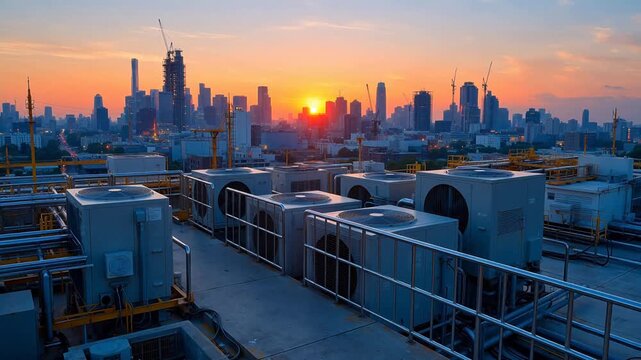 Sunset view of rooftop HVAC units in city