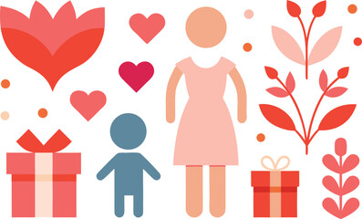 Fototapeta premium Family with gifts and flowers illustration isolated on transparent background, Vector, illustration