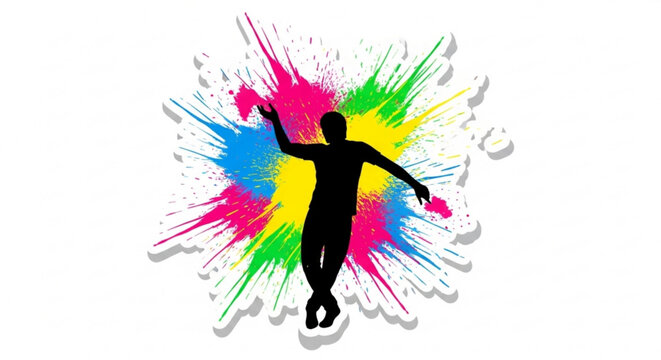 Silhouette of a person dancing amidst vibrant paint splashes representing joy and creative expression perfect for event promotions and artistic concepts