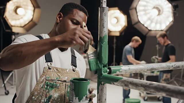 Man painting metal pipes green in a studio with lights and helpers