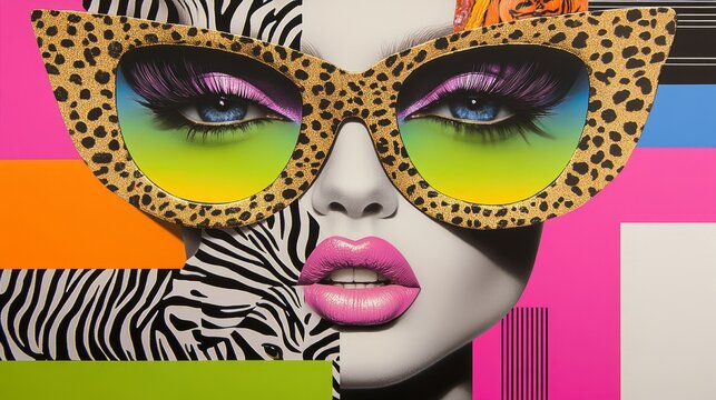 Vibrant pop art surreal collage with leopard print sunglasses and colorful makeup for retro poster design, fashion background and pop culture artwork: Retro print design. 