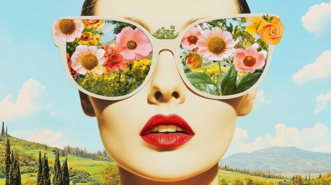 Surreal floral sunglasses portrait collage with vintage landscape reflections for fashion editorial poster, pop art advertising and surrealism concept design. Retro style print design. 