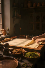Traditional baklava preparation in a dimly lit oriental pastry workshop