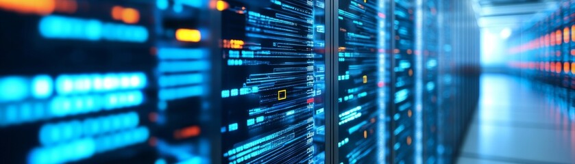 Fototapeta premium Futuristic Server Room Data Flows in Blue and Orange Lights, AI and Cloud Computing,technology,data,server,futuristic,ai