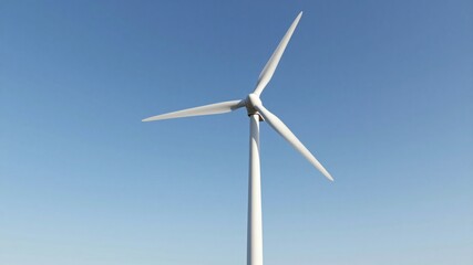 Fototapeta premium Single white wind turbine rotating blades against clear blue sky, modern renewable energy technology, aerial view