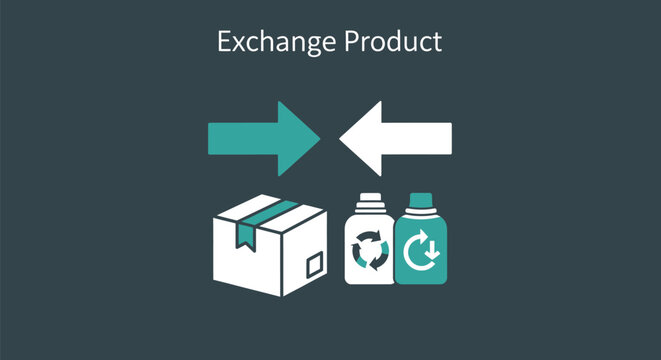 Simple graphic illustration concept showing the exchange product process with arrows demonstrating the flow between a shipping box and recycling bottles against a dark background