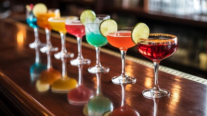 Obraz premium A colorful row of cocktails displayed on a polished wooden bar