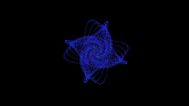 Detailed blue fractal star shape made of tiny glowing dots centered on a black background forming a symmetrical abstract geometric digital design