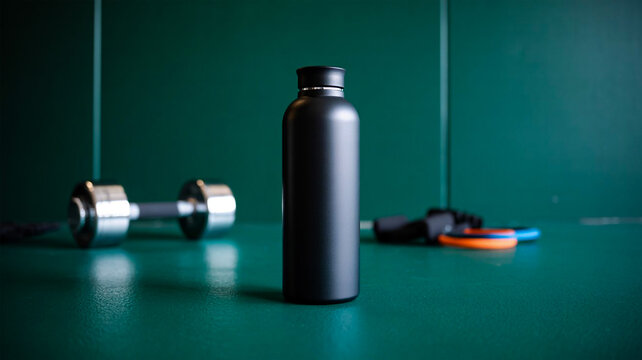 matte black water bottle mockup on green gym floor