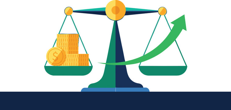 Financial balance scale with coins and upward arrow, investment growth concept, flat vector illustration for business and economic design