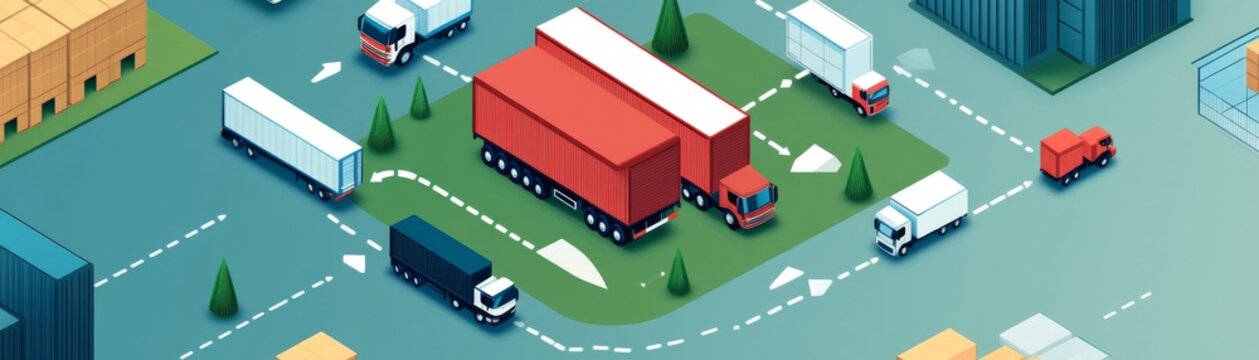 Isometric View of Delivery Trucks and Warehouses, Logistics Network Concept, Supply Chain, Transportation. Logistics, Delivery