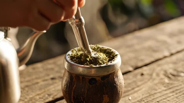 Hot water pouring into traditional yerba mate gourd 4K Video