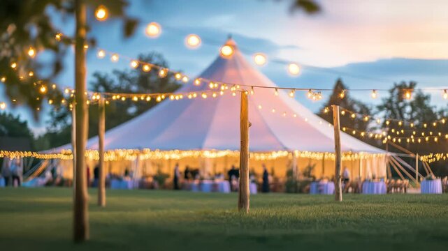 Wedding reception under tent with string lights at dusk, guests enjoying event