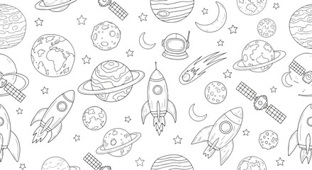 Seamless pattern of hand-drawn space objects galaxy