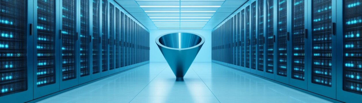 Perspective of a shining metallic funnel in a server room. Concept of data transfer. Concept, Technology, Data, Server