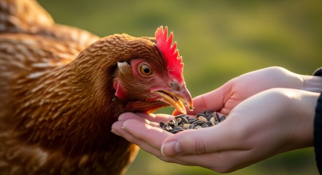 Close-up of a brown chicken eating seeds from a person's outstretched hands