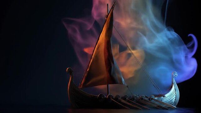A digitally crafted image showing a longship sailing under a colorful, stylized, atmospheric cloud