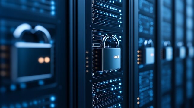 Secure Server Rack with Padlocks Data Protection and Cybersecurity, Technology, Privacy, Network Security, Data Encryption, Digital Lock